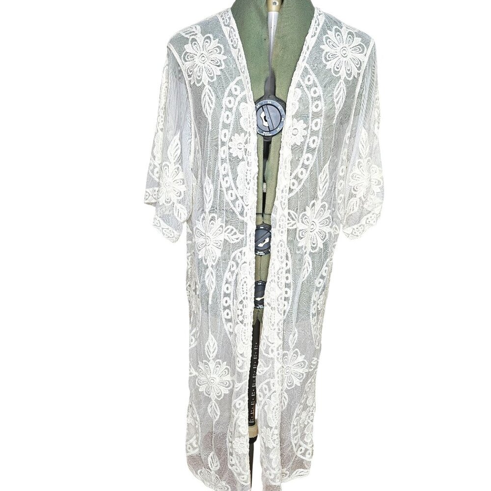 White Sheer Floral Lace Kimono Cardigan Cover Up Open Front 3/4 Sleeve S-M